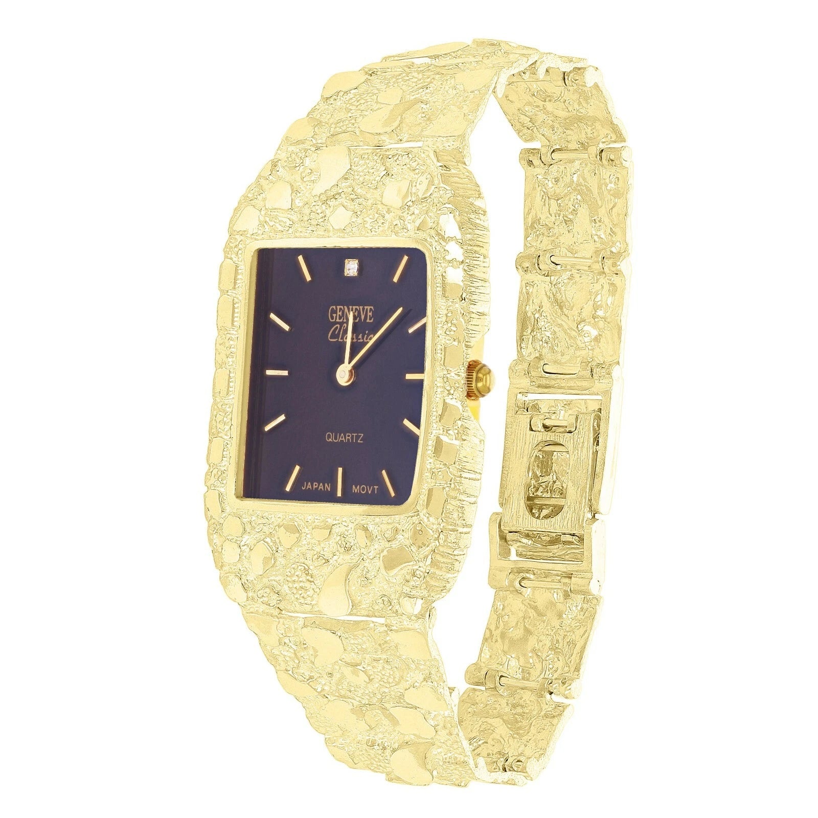 10k Yellow Gold Nugget Bracelet Link Wrist Watch Geneve with Diamond 7.5-8" 49 grams