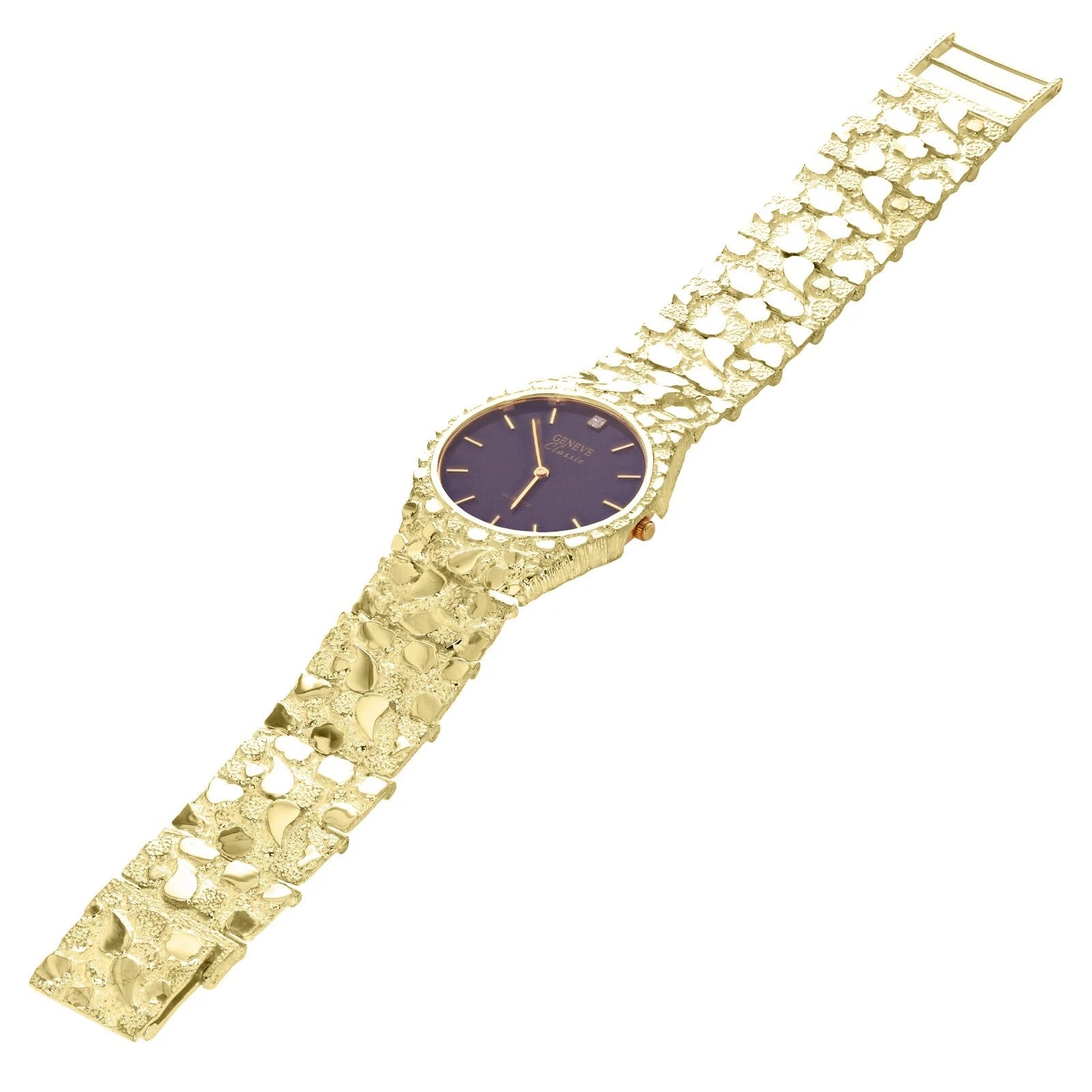 14k Yellow Gold Nugget Link Geneve with Diamond Wrist Watch Straight Band Adjustable 8.5-9" 85 grams