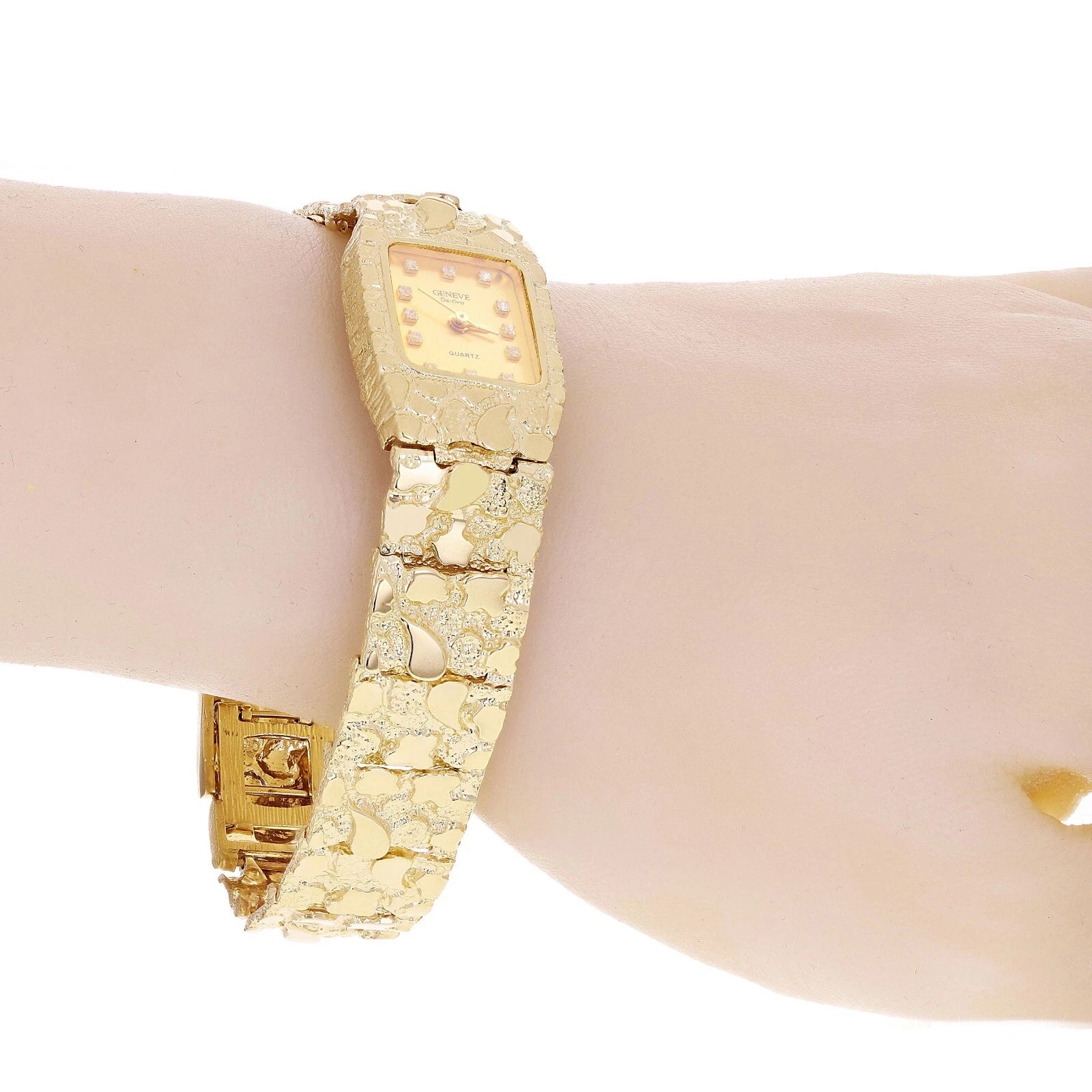 14k Yellow Gold Nugget Wrist Link Bracelet Geneve Diamonds Watch 8" 41 grams