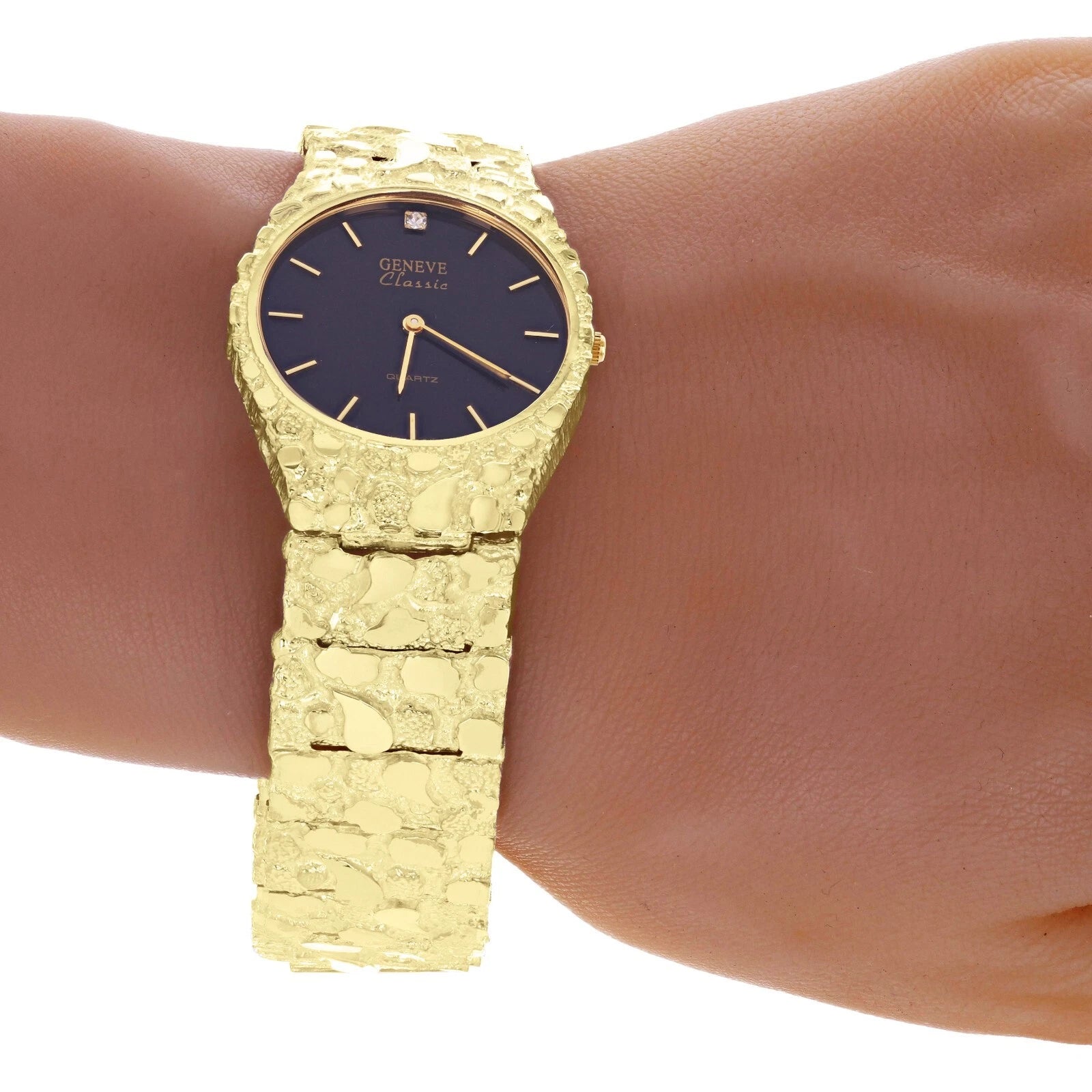 14k Yellow Gold Nugget Link Geneve with Diamond Wrist Watch Straight Band Adjustable 8.5-9" 85 grams
