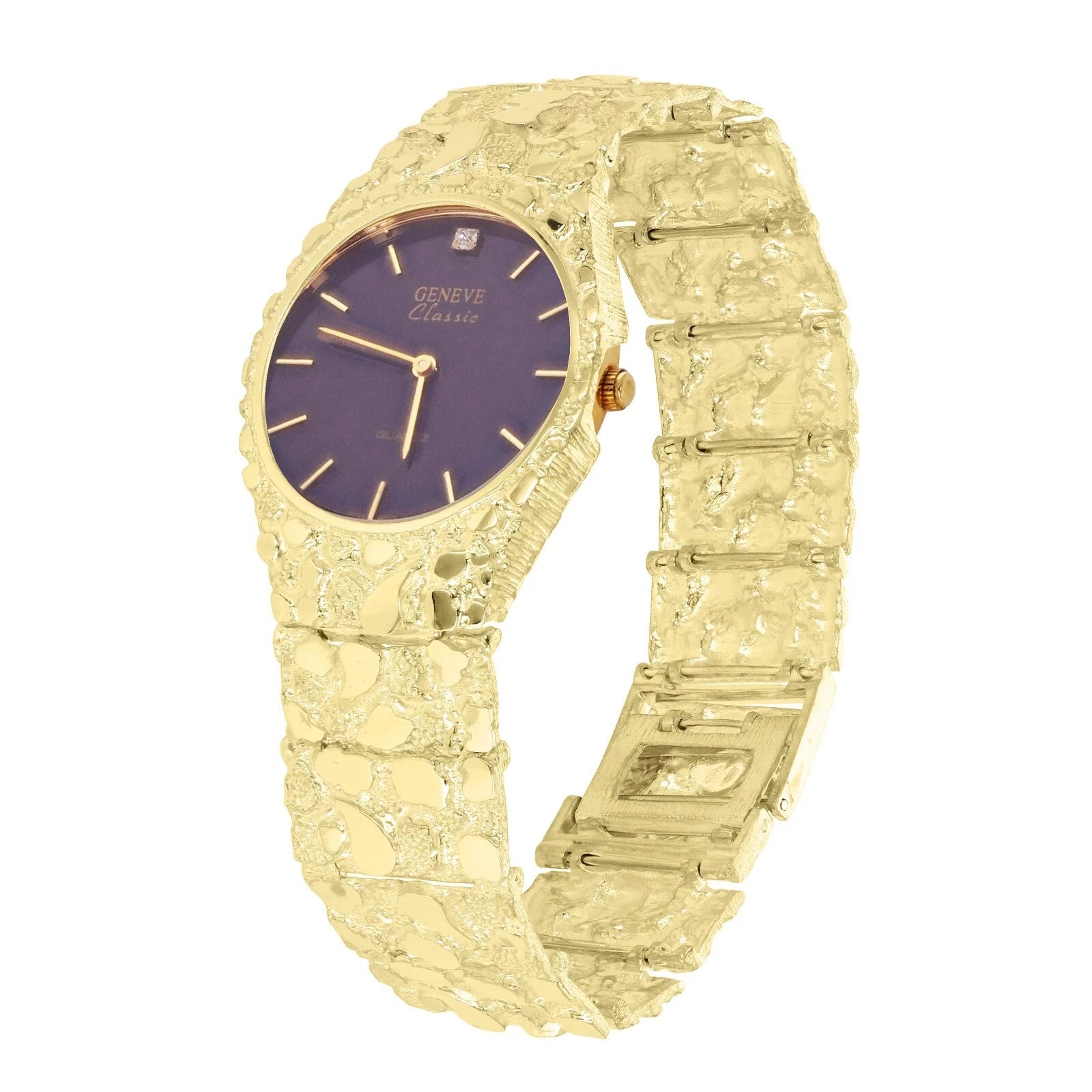 14k Yellow Gold Nugget Link Geneve with Diamond Wrist Watch Straight Band Adjustable 8.5-9" 85 grams