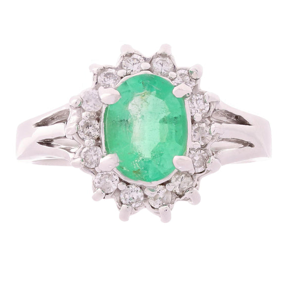 14k White Gold 0.50ctw Emerald & Diamond Halo Cluster Cocktail Ring Size 7