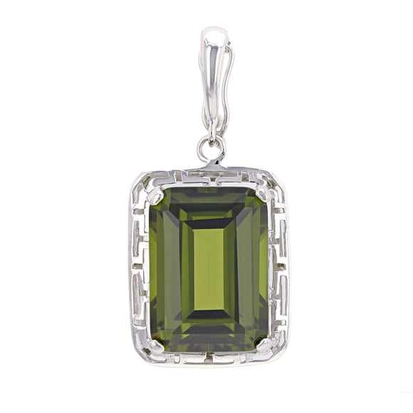 14k White Gold 9ctw Emerald Cut Synthetic Peridot Solitaire Greek Pendant