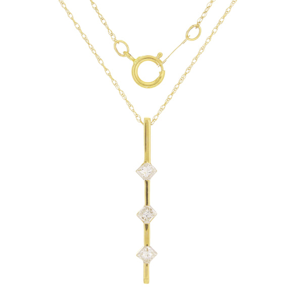 14k Yellow Gold 0.25ctw Princess Diamond Three Stone Bar Pendant Necklace 18