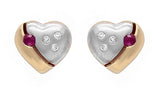 10k Two Tone Gold Heart Earrings Round Ruby & Diamonds Stud Earrings