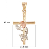14k Tri Color Gold Cross with Flowers Charm Pendant 1.6" 2.9 grams