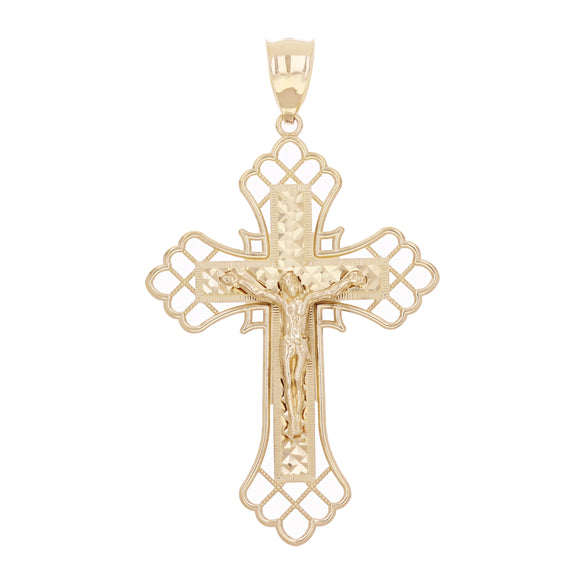 14k Yellow Gold Diamond Cut Jesus Cross Crucifix Pendant 2.5