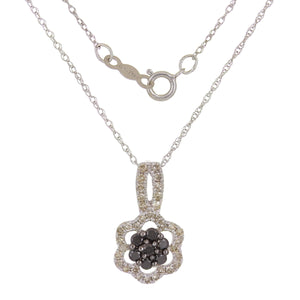 10k White Gold 0.38ctw Black & White Diamond Floral Cluster Pendant Necklace 18"