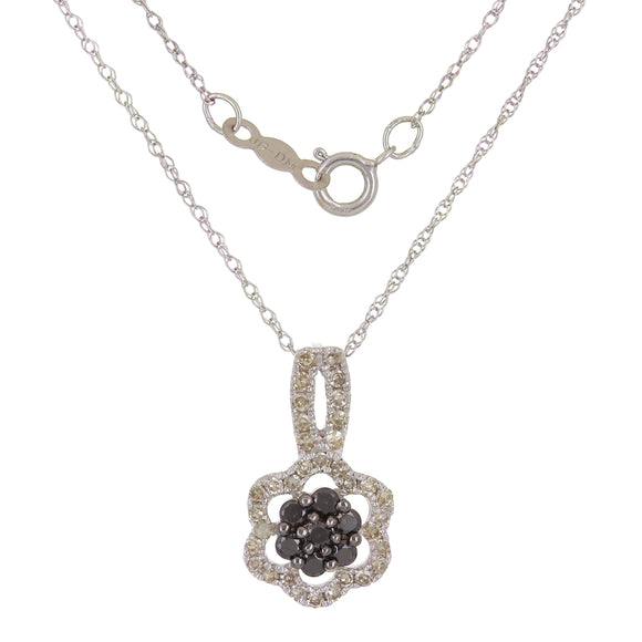 10k White Gold 0.38ctw Black & White Diamond Floral Cluster Pendant Necklace 18