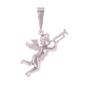14k White Gold Baby Angel Playing Trumpet Horn Charm Pendant 1.2 grams