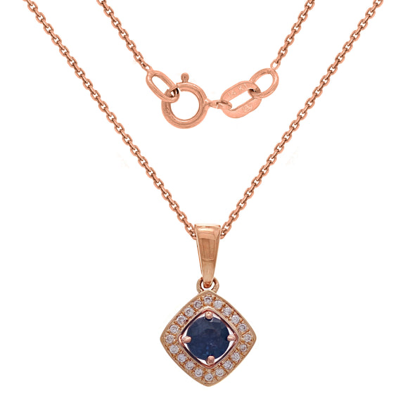 14k Rose Gold 0.10ctw Sapphire & Diamond Halo Vintage Style Pendant Necklace