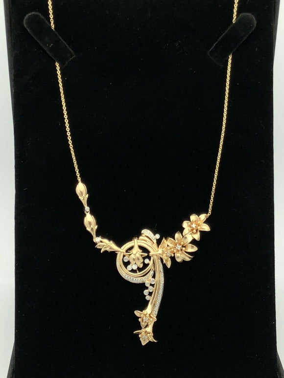 14k Yellow Gold Drop Down Flower Design with Diamonds Pendant Necklace 16
