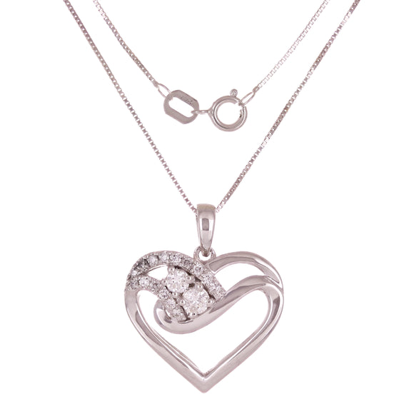 14k White Gold 0.25ctw Diamond Ribbon Double Heart Open Pendant Necklace
