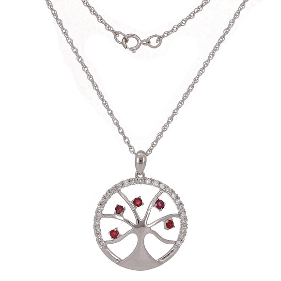 10k White Gold 0.10ctw Ruby & Diamond Tree Of Life Medallion Pendant Necklace
