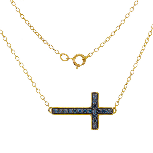 10k Yellow Gold 0.25ctw Blue Diamond Sideways Cross Pendant Necklace 18