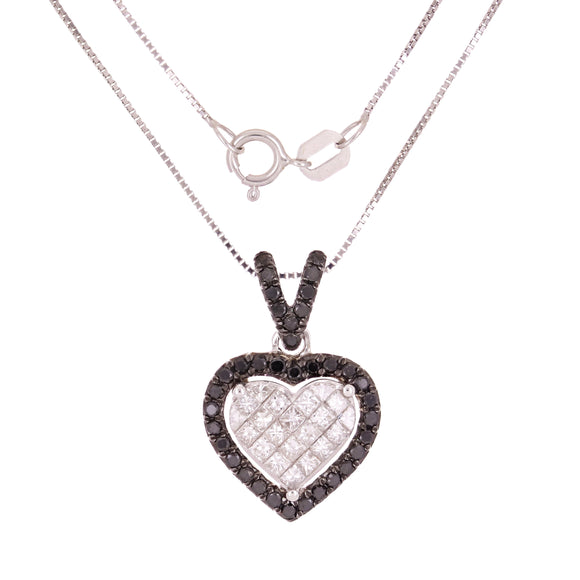 14k White Gold 1.26ctw Black & White Diamond Halo Heart Pendant Necklace 18