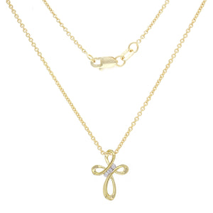 14k Yellow Gold 0.10ctw Diamond 3-Stone Infinity Ribbon Cross Pendant Necklace
