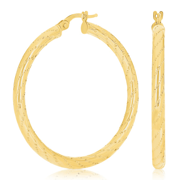 Italian 14k Yellow Gold Diagonal Snare Design Large Hollow Hoop Earrings 1.5