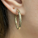 Italian 14k Yellow Gold Diagonal Snare Design Medium Hollow Hoop Earrings 1.3"