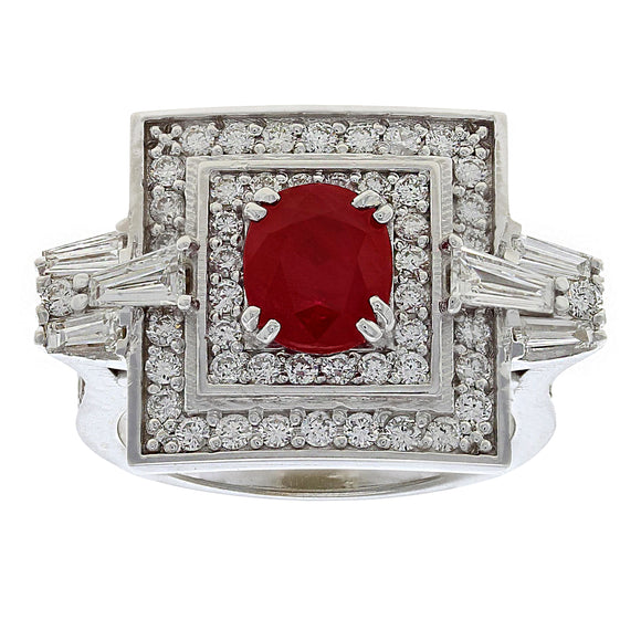 14k White Gold 1.72ctw Ruby and Diamond Art Deco Style Ring Size 7.5