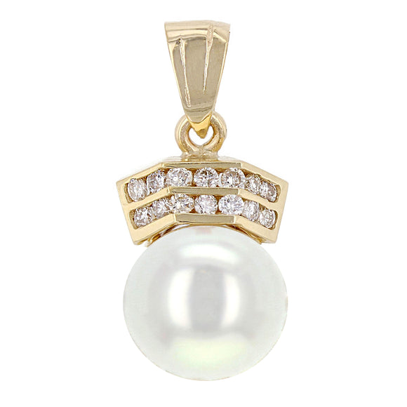 14k Yellow Gold 1/3ctw Diamond & 12.50mm White Cultured Pearl Pendant