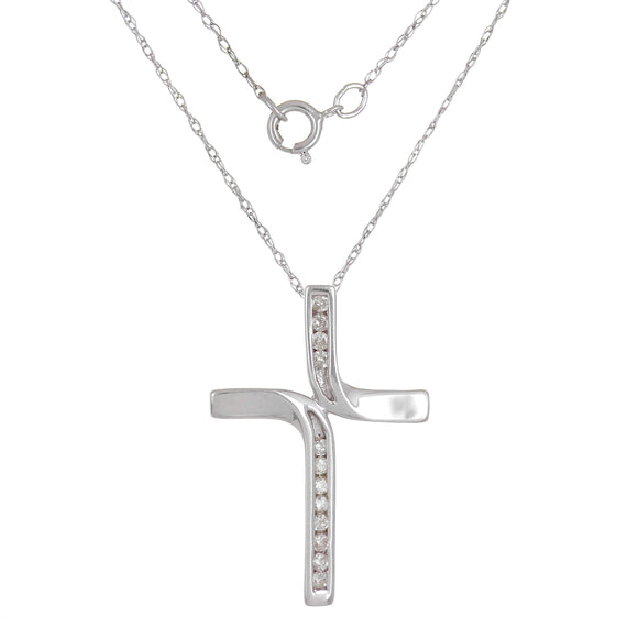 14k White Gold Diamond Accent Twist Floating Cross Pendant Necklace 18
