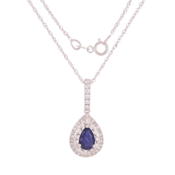 14k White Gold 0.32ctw Sapphire & Diamond Pear Drop Pendant Necklace 18