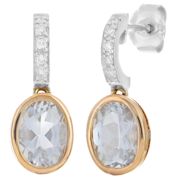 14k Two Tone Gold Aquamarine & Diamond Drop Earrings