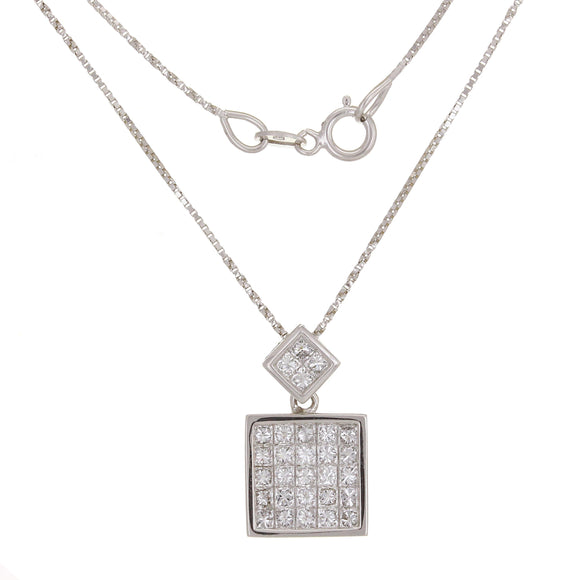 18k White Gold 0.86ctw Princess Diamond Double Cube Pendant Necklace 18