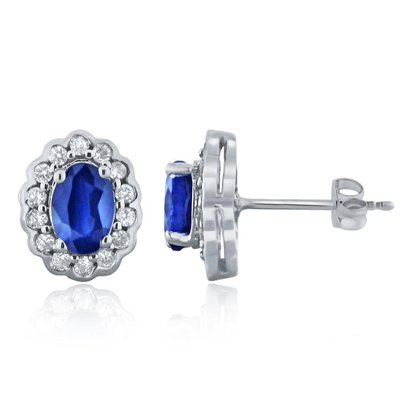 14k White Gold 0.30ctw Sapphire & Diamond Oval Halo Floral Stud Earrings