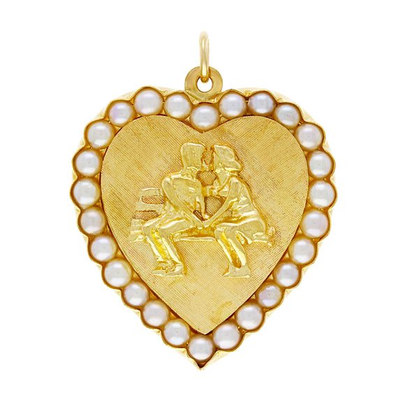 14k Yellow Gold Freshwater White Pearl Romantic Love Couple Heart Pendant