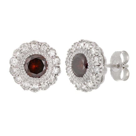 14k White Gold 0.80ctw Red & White Diamond Halo Cluster Stud Earrings