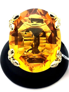 14k Yellow Gold Big Oval Accent Citrine Cocktail Ring with Diamonds Size 6.5