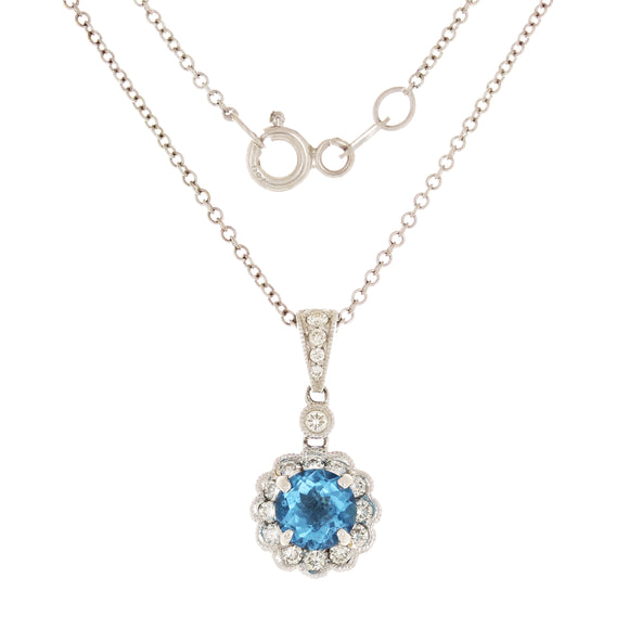 18k White Gold 0.33ctw Blue Topaz & Diamond Cluster Halo Pendant Necklace