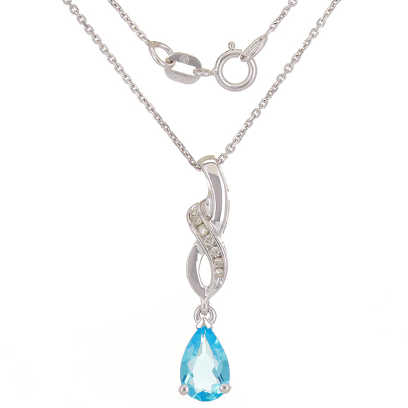 14k White Gold 0.05ctw Blue Topaz & Diamond Ribbon Drop Pendant Necklace 18