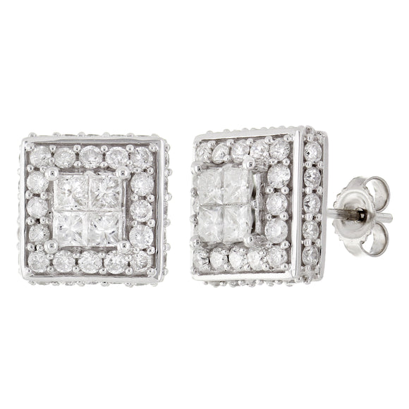 14k White Gold 2ctw Diamond Square Deco Style Stud Earrings