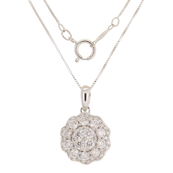 14k White Gold 1ctw Diamond Cluster Flower Pendant Necklace 18