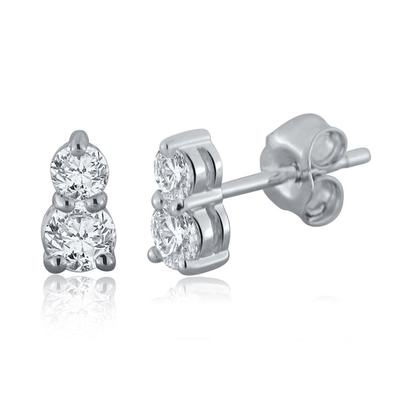 14k White Gold 0.50ctw Diamond Graduated 2-Stone Cluster Stud Earrings