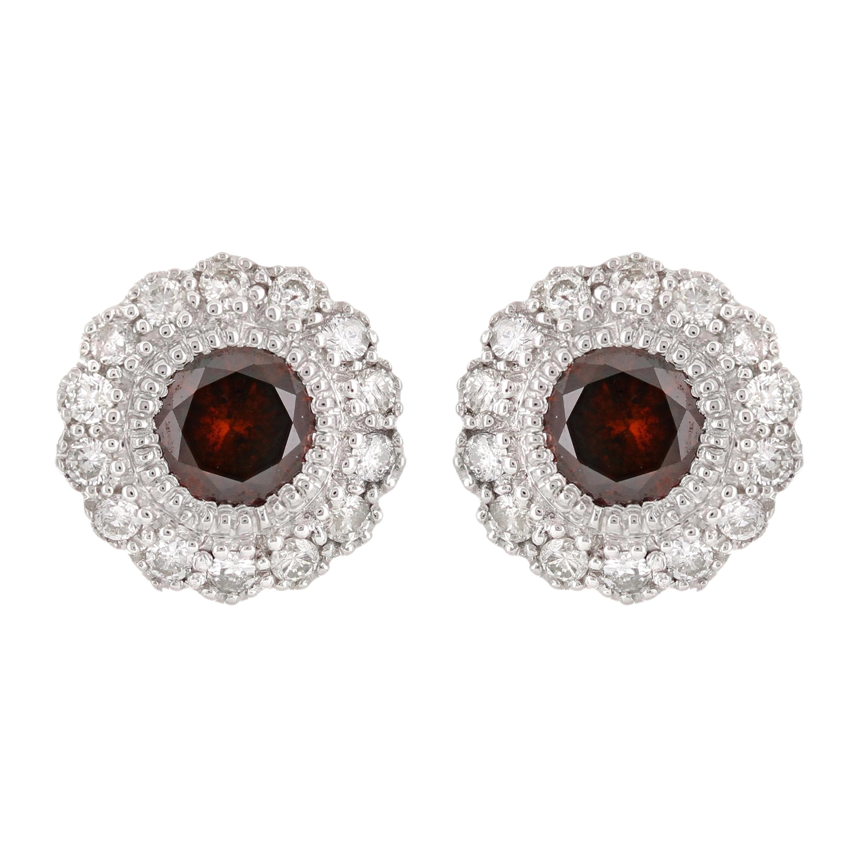 14k White Gold 0.80ctw Red & White Diamond Halo Cluster Stud Earrings