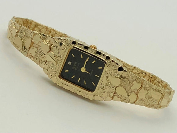 14k Yellow Gold Solid Nugget Link Bracelet Geneve Diamond Wrist Watch 6.5