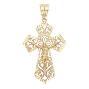 14k Yellow Gold Diamond-Cut Ornate Gothic Crucifix Cross Pendant Charm 2" 4.9g