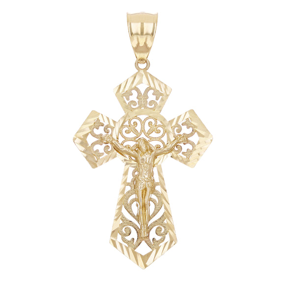 14k Yellow Gold Diamond-Cut Ornate Gothic Crucifix Cross Pendant Charm 2