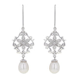 14k White Gold 1/4ctw Diamond & Pearl Drop Chandelier Earrings