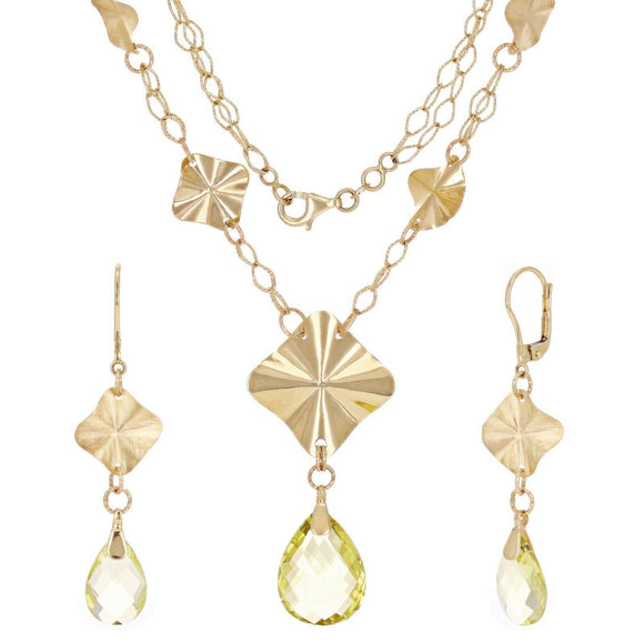 Italian 14k Yellow Gold Faceted Lemon Quartz Necklace & Dangling Earrings Set