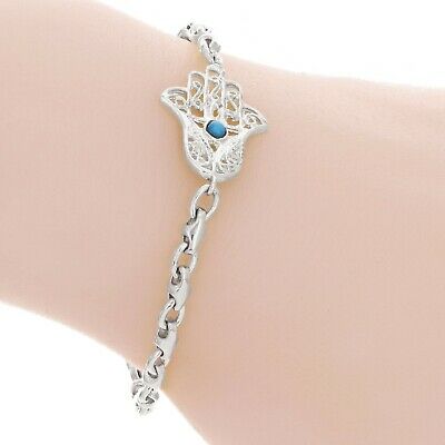 14k White Gold Hamsa Hand of Fatima Charm Bracelet with Turquoise 7.5