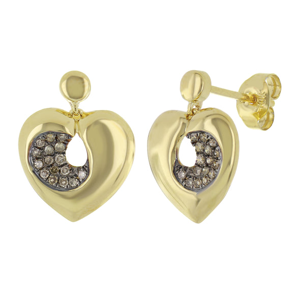 10k Yellow Gold 0.14ctw Champagne Diamond Open Dangle Heart Earrings