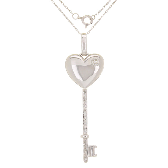 10k White Gold 0.10ctw Diamond Heart Skeleton Key Pendant Necklace 18