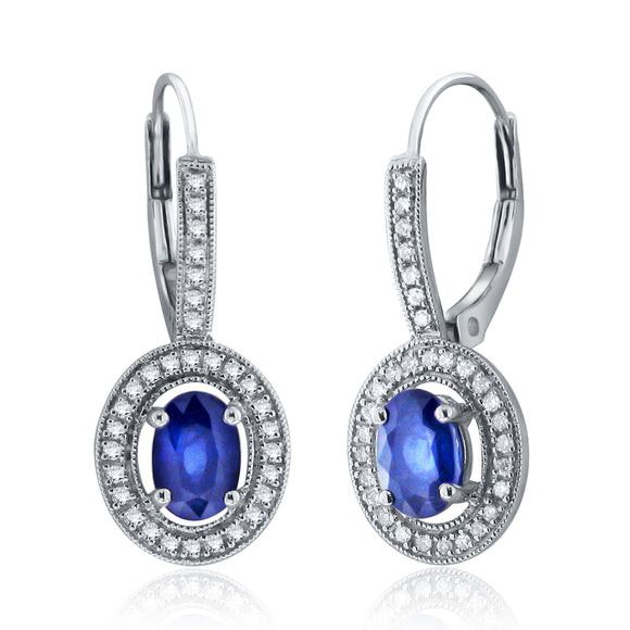 14k White Gold 0.20ctw Sapphire & Diamond Oval Halo Dangle Hoop Earrings