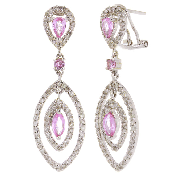 14k White Gold 0.93ctw Pink Sapphire & Diamond Tear Drop Dangle Earrings