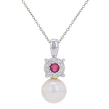 14k White Gold 0.10ctw Cultured White Pearl Ruby & Diamond Drop Pendant Necklace